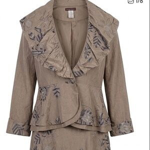 Vintage Style Embroidered Peplum Jacket & Skirt Set | Tan Shimmer